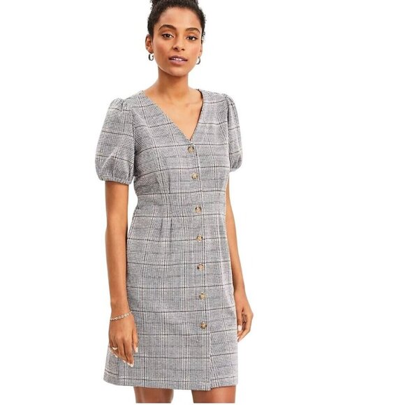 LOFT Dresses & Skirts - Loft Plaid Puff Sleeve Pocket Dress Neutral Tan Black Plaid Size 8